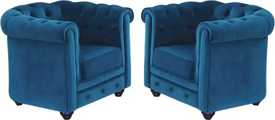 Vente-unique Set van 2 fauteuils CHESTERFIELD velours groenblauw L 88 cm x H 72 cm x D 78 cm