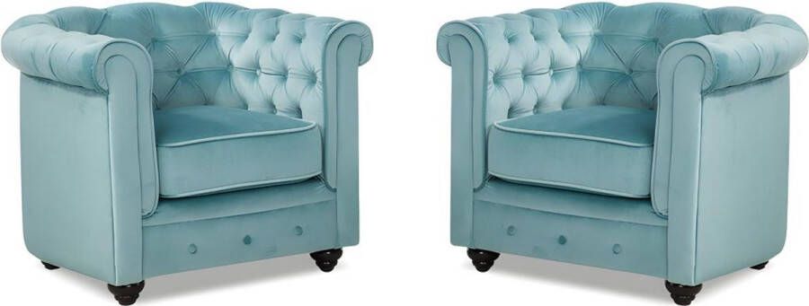 Set van 2 fauteuils CHESTERFIELD fluweel pastel blauw L 82 cm x H 72 cm x D 78 cm