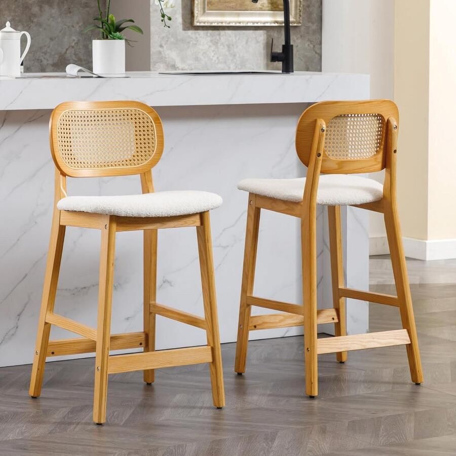 Set van 2 Faux Fur Barkrukken met Rotan Rugleuning voor Keuken en Eetbar Beige