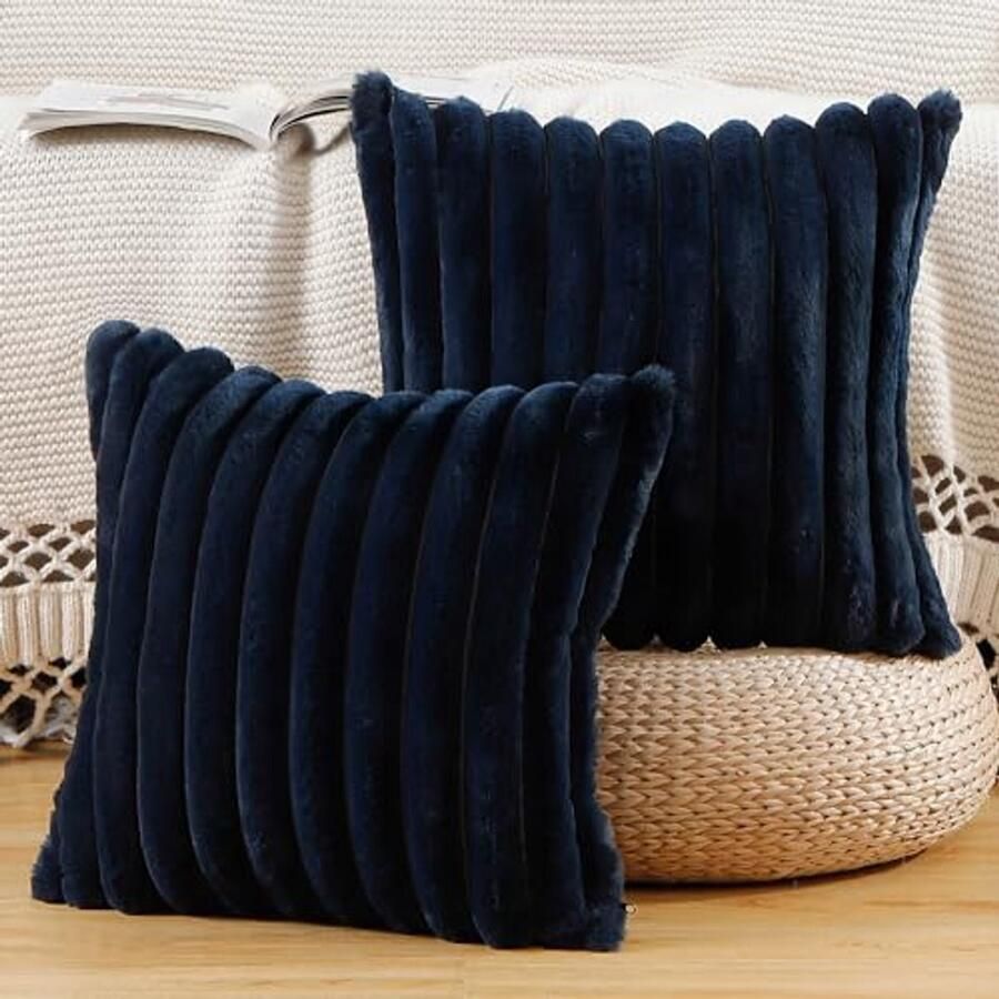 Set van 2 Fluffy Pluche Kussenslopen 50x50 cm Donkerblauw voor Bank en Slaapkamer