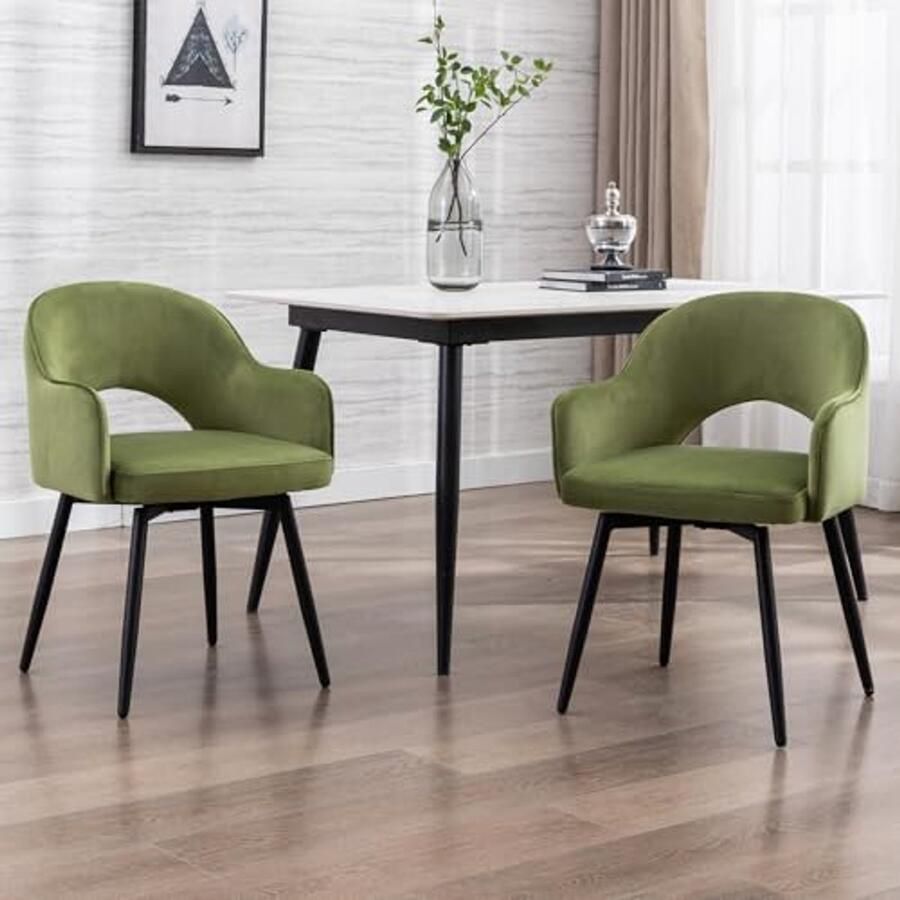 Set van 2 fluwelen draaibare eetkamerstoelen met metalen poten Groen