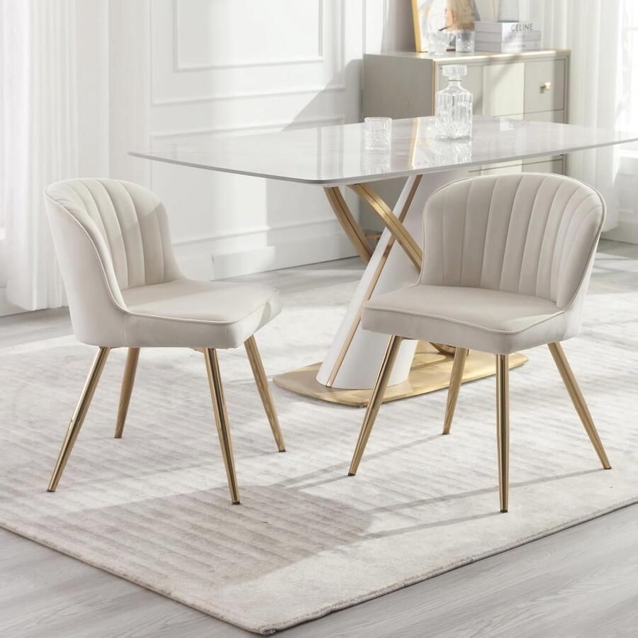 Set van 2 Fluwelen Eetkamerstoelen Armloze Kuipstoelen met Metalene Poten Beige