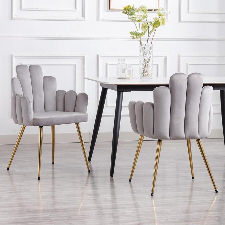 Set van 2 fluwelen eetkamerstoelen – Gestoffeerde stoelen met metalen poten moderne accentstoelen voor keuken woonkamer slaapkamer grijs