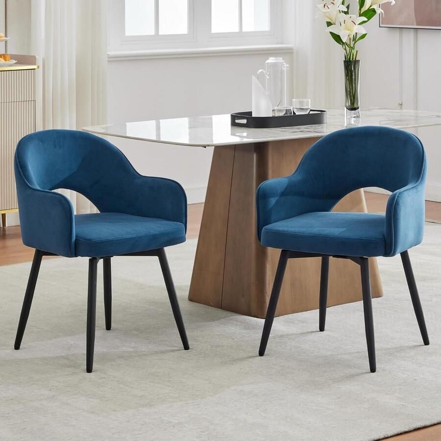 Set van 2 Fluwelen Eetkamerstoelen – Gestoffeerde Zijstoelen Moderne 360° Draaifauteuils voor Thuiskantoor en Woonkamer Blauw