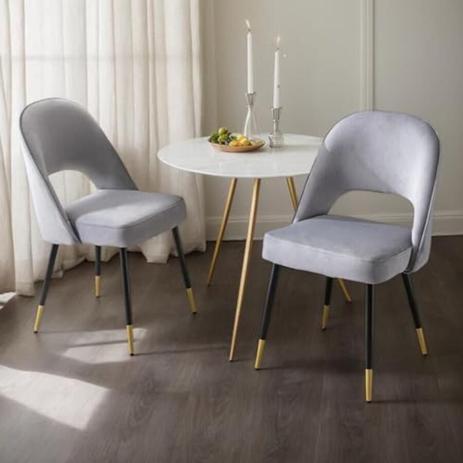 Set van 2 fluwelen eetkamerstoelen met holle rug en metalen poten Comfortabele moderne keuken- en woonkamerstoelen