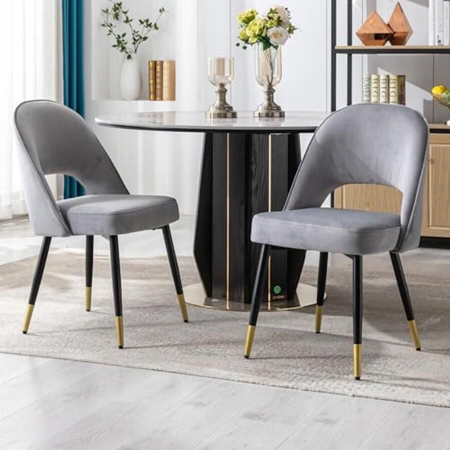 Set van 2 Fluwelen Eetkamerstoelen met Metalen Poten Comfortabele Keukenstoelen voor Woonkamer en Eetkamer