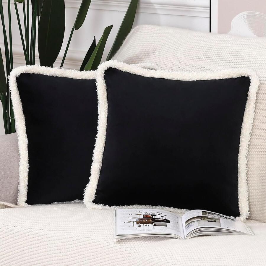 Set van 2 fluwelen krullende kwastjes sierkussenhoezen met kwasten 45 x 45 cm zwart zachte kussensloop voor bank slaapkamer en kussenhoezen