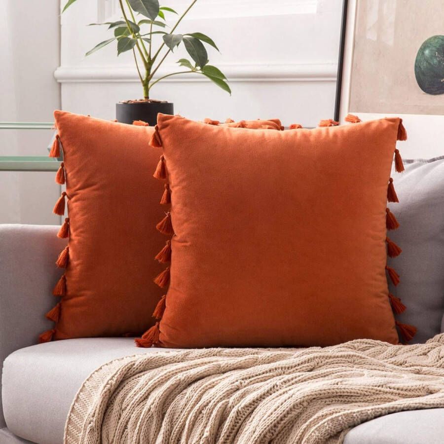 Set van 2 fluwelen kussenhoezen met kwastjes Decoratieve kussenhoezen met verborgen ritsen voor banken slaapkamers auto's oranje 45x45cm