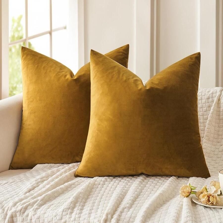 Set van 2 Fluwelen Kussenhoezen Superglad en Zacht Mosterdgeel 40 x 40 cm Woondecoratie voor Bank Woonkamer Slaapkamer