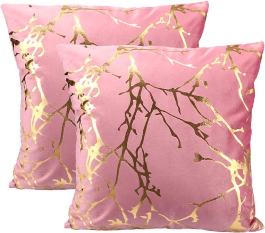 Set van 2 fluwelen kussenhoezen voor bank 45 x 45 cm decoratieve kussenhoes met gouden patroon decoratieve kussenhoezen voor slaapkamer woonkamer decoratieve kussenhoezen roze