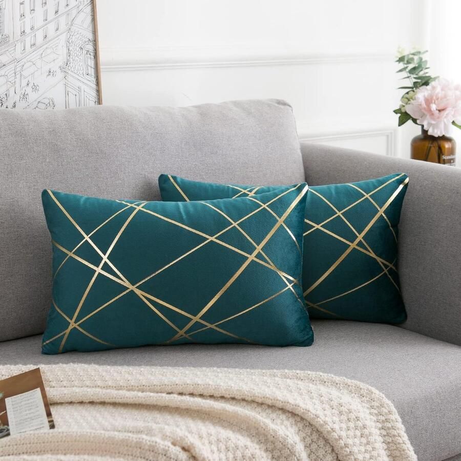 Set van 2 fluwelen kussenslopen 30 x 50 cm blauw-groen geometrie bronzen sierkussen kussenovertrek bankkussen decoratieve kussens voor buiten sierkussen overtrek voor slaapkamer bank bed