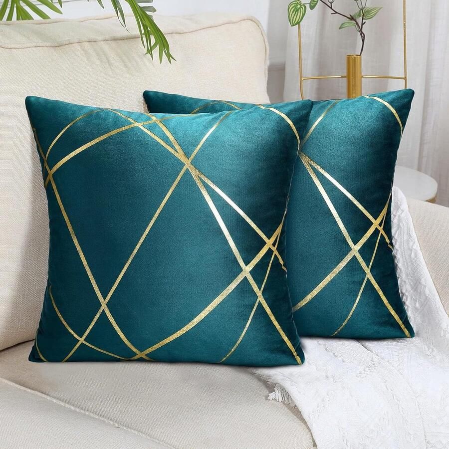 Set van 2 fluwelen kussenslopen 40 x 40 cm groen goud lijn geometrisch sierkussen kussenovertrek bankkussen decoratieve kussenslopen sierkussen overtrek voor slaapkamer bank bed
