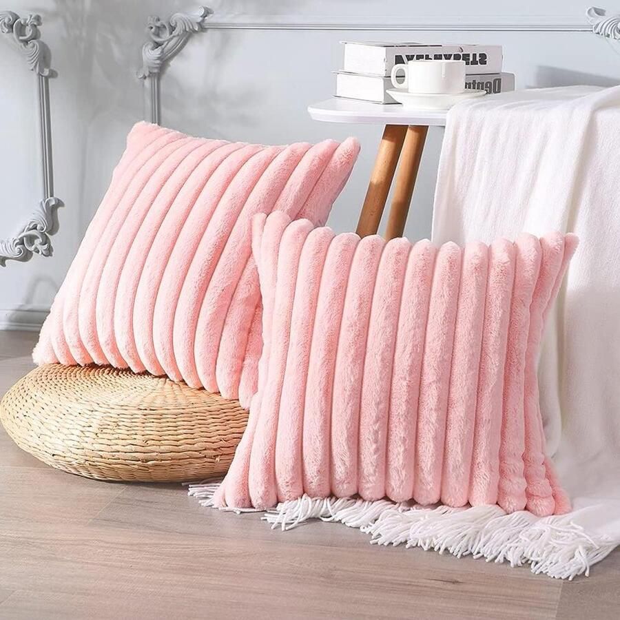 Allecto plus Set van 2 zachte pluche fluwelen kussenslopen Decoratieve kussenhoezen voor bank en slaapkamer Roze 60 x 60 cm