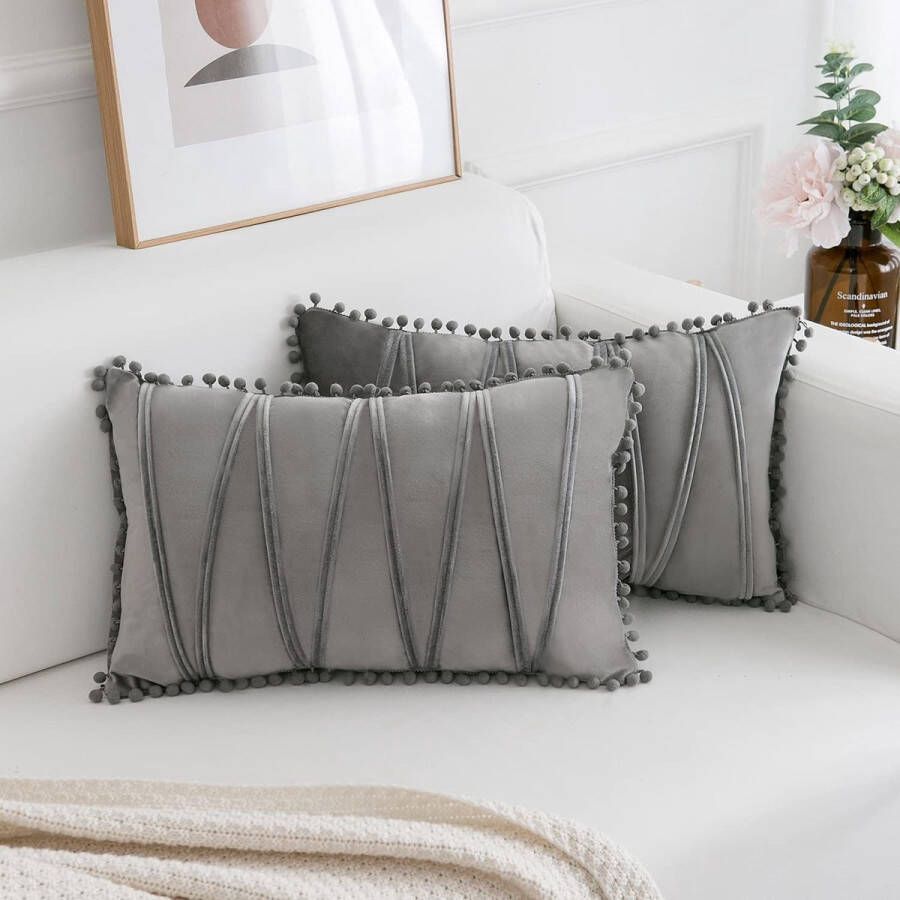 Set van 2 fluwelen kussenslopen rechthoekig gestreept decoratief met pompons kussenovertrek bankkussen sierkussen effen voor bank slaapkamer 30 x 50 cm grijs