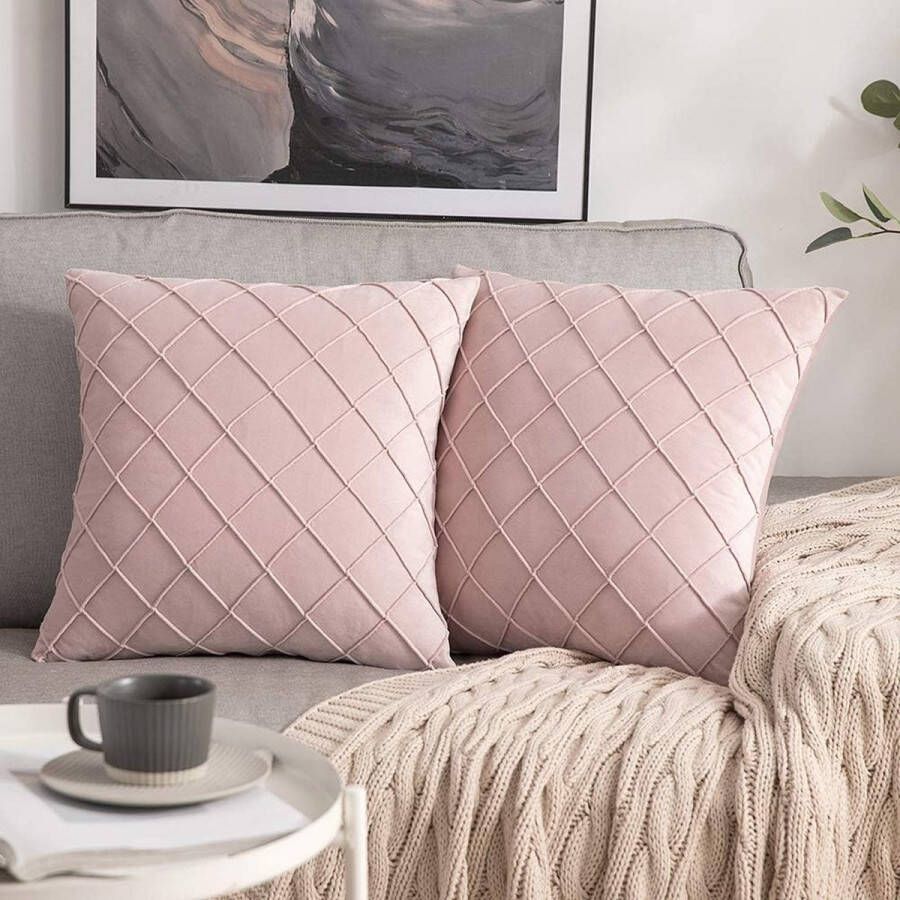 Set van 2 fluwelen kussenslopen roosterpatroon fluweel zacht eenkleurig sierkussen zonder vulling voor bank en woonkamer 45 x 45 cm roze