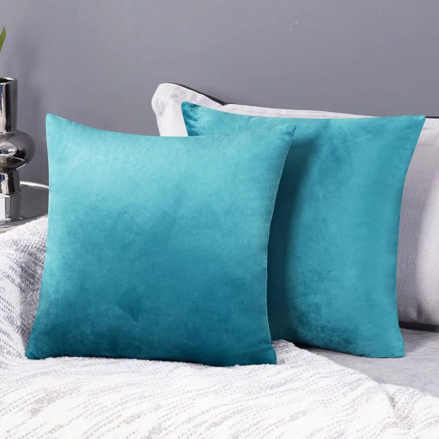 Set van 2 fluwelen kussenslopen sofakussen zacht design voor slaapkamer woonkamer bank kantoor 50 x 50 cm turquoise