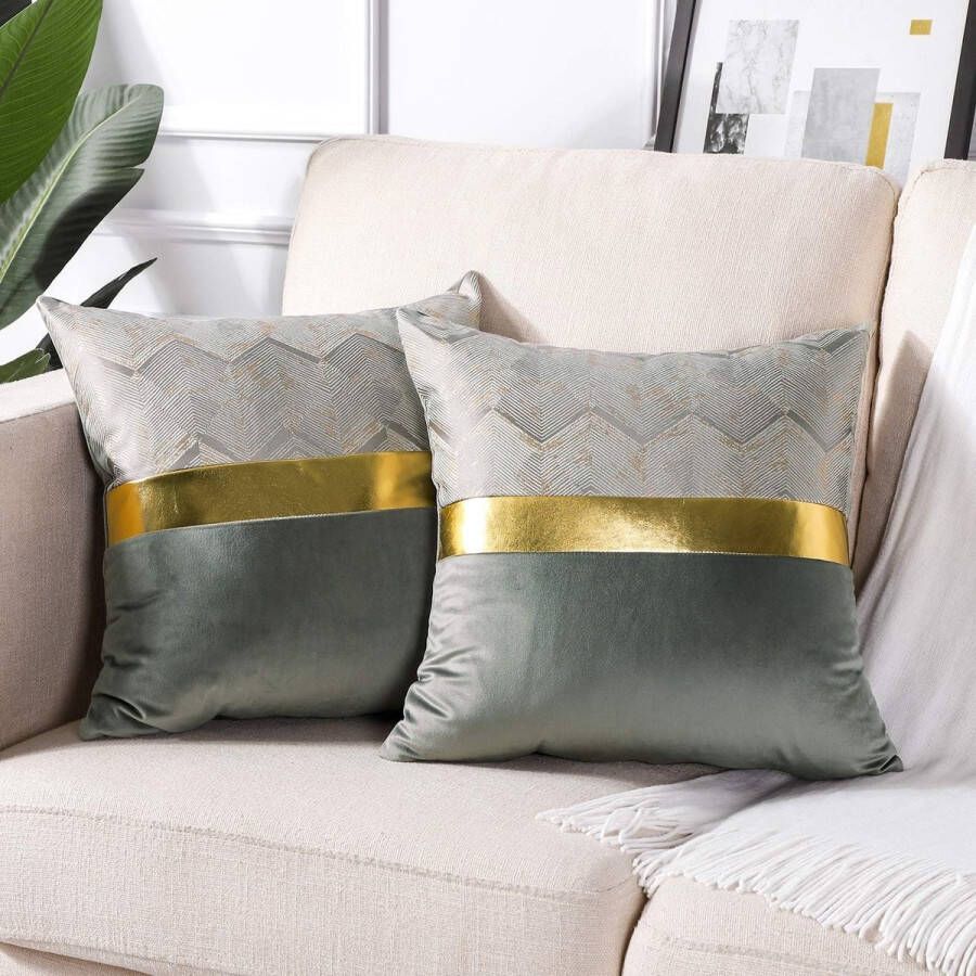 Set van 2 fluwelen kussenslopen voor bank auto slaapkamer luxe moderne minimalistische gouden leren naden golfstrepen sierkussen kussenhoes kussensloop 45 x 45 cm grijs