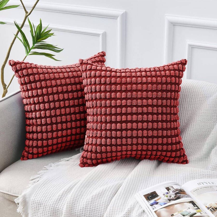 Set van 2 gezellige kussenslopen maïskorenvorm decoratieve vierkante sierkussenhoezen voor bank bed bank 45 x 45 cm wijnrood