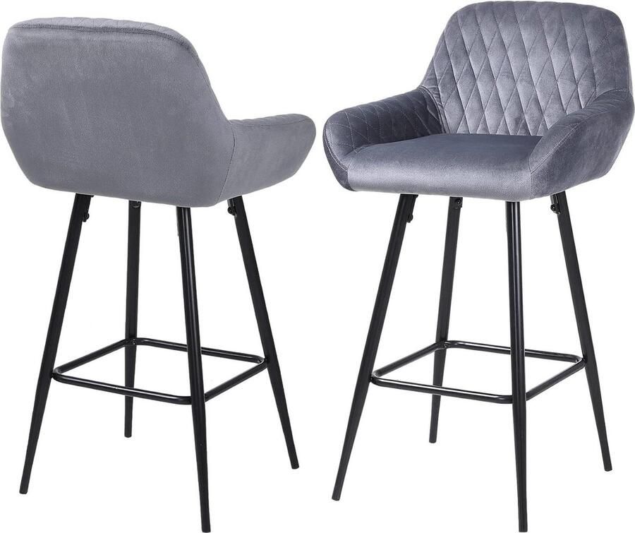 Set van 2 grijze fluwelen stof barkrukken met rugleuning hoge krukken voor bar aanrecht in thuis en commercieel gebruik Barkruk
