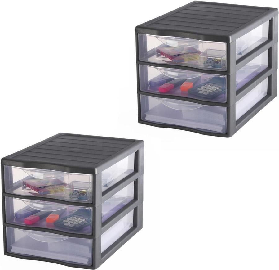 Set van 2 grijze kunststof opbergtorens met 3 transparante laden Hoogte 255 cm