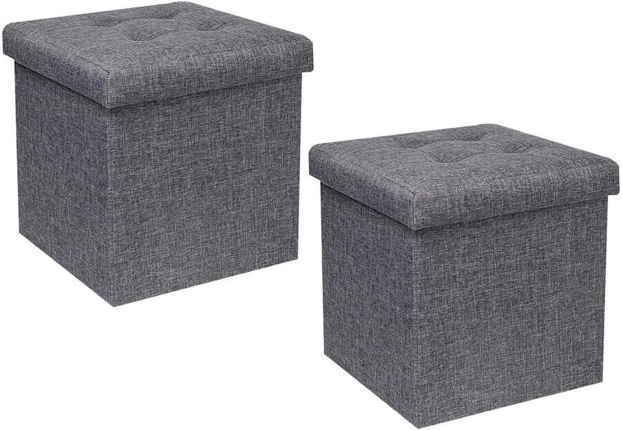 Set van 2 Grijze Opbergpoefs – Kleine Opbergdoos en Voetenbank voor Kinderen Speelgoedkist Linnen Stof 32 cm 150 kg Belastbaar