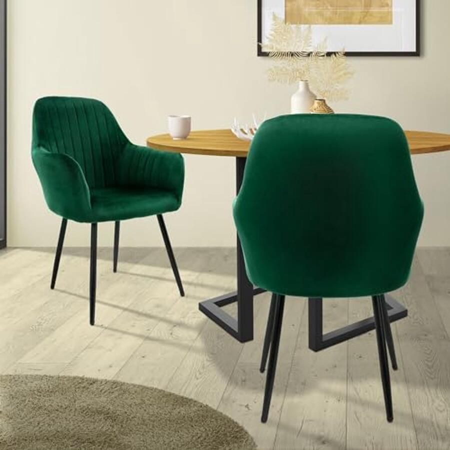 Set van 2 groene eetkamerstoelen met rugleuning en armleuningen Fluwelen keukenstoelen met metalen poten