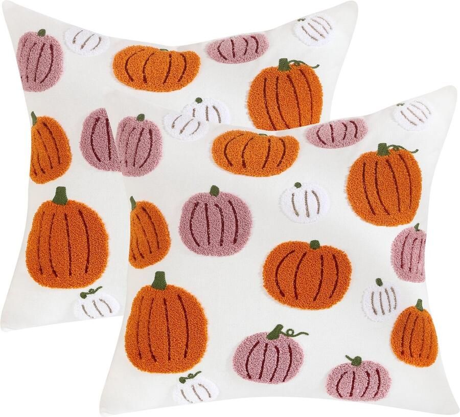 Set van 2 Halloween kussenhoezen 45 x 45 cm Geborduurd Tufting Oranje Roze Pompoen Thanksgiving Decoratie Bankkussenhoezen voor Woonkamer Bank Slaapkamer