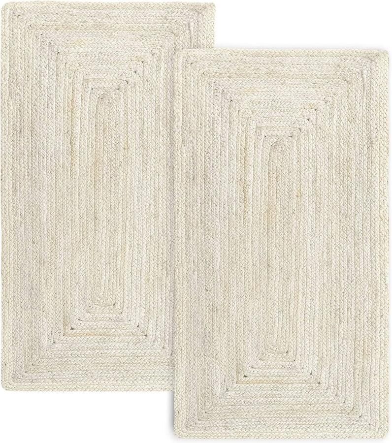 Set van 2 handgemaakte jute tapijten in ivoor voor woonkamer eetkamer en slaapkamer 60 x 110 cm