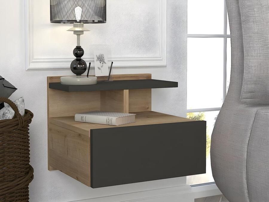 Vente-unique Set van 2 hangende nachtkastjes 1 lade naturel en antraciet AZELNO L 39.4 cm x H 32 cm x D 35 cm - Foto 2