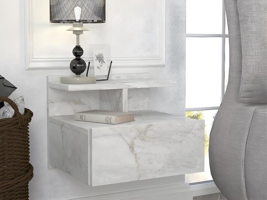 Vente-unique Set van 2 hangende nachtkastjes 1 lade Wit marmereffect AZELNO L 39.4 cm x H 32 cm x D 35 cm - Foto 2