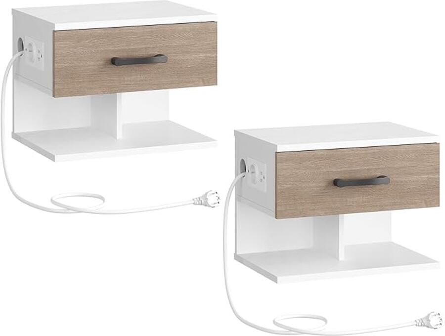Set van 2 hangende nachtkastjes EWG127CBZP201 met laadstation en verborgen opslag (wit greige)