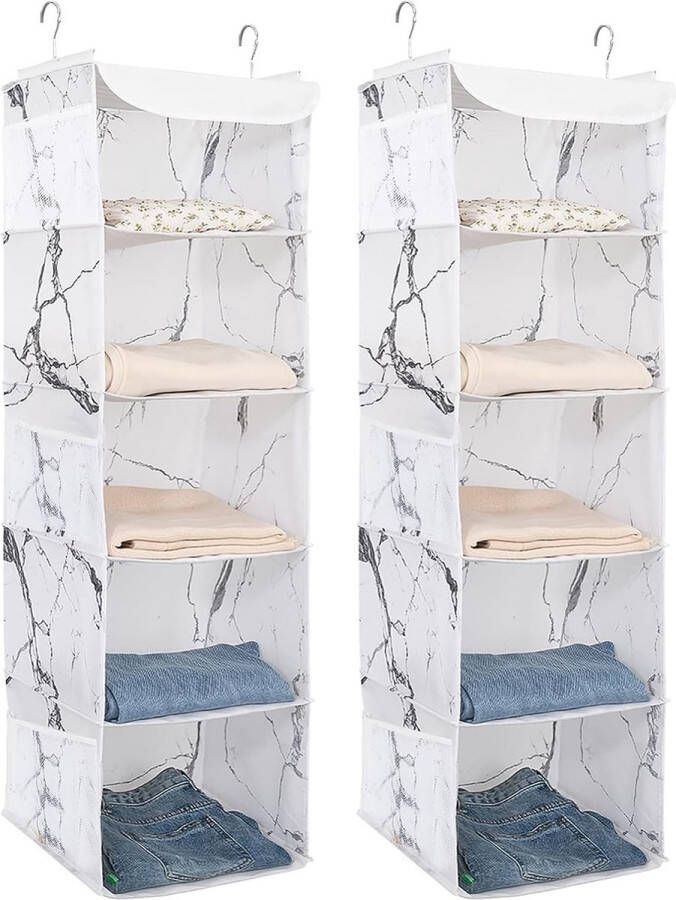Set van 2 hangplanken kledingkast organizer hangplanken stof 5 vakken hoogwaardig hangrek organizer opbergsysteem 30 x 30 x 108 cm wit patroon