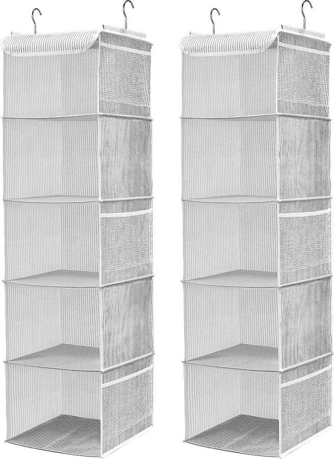 Set van 2 hangplanken kledingkast organizer stof 5 vakken hoogwaardige hangopslag met metalen haken organizer opbergsysteem 30 x 30 x 108 cm grijze strepen