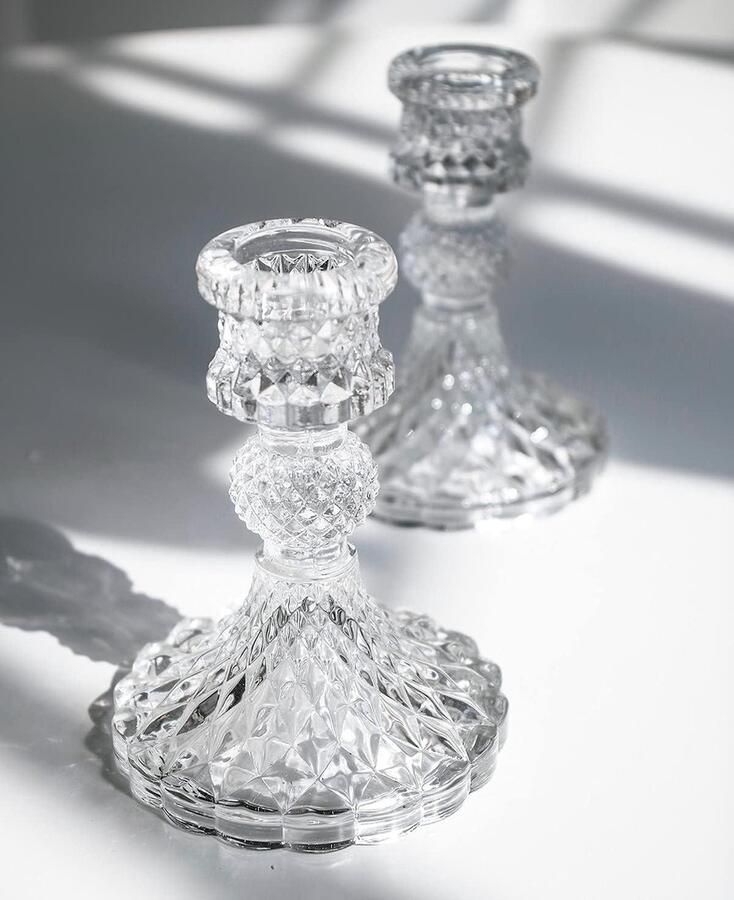 Set van 2 helder glazen taper kaarsenhouders geschikt voor kaarsen van 08 en 10 cm kristallen decoratieve kaarsenstandaard middelpunt voor tafel bruiloft diner feest
