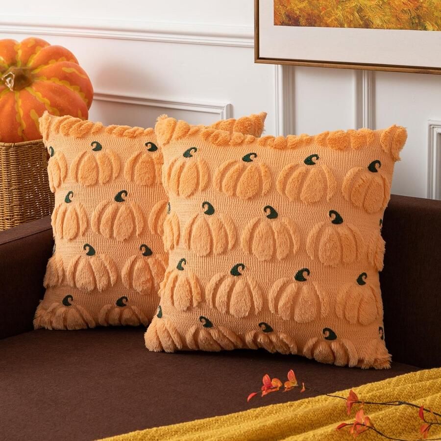 Set van 2 herfstpompoenen kussenhoezen 18x18 inch Herfstborduursel decoratieve vierkante kussenslopen Zachte kussens oogstcadeau voor bank stoel slaapkamer Halloween lichtoranje