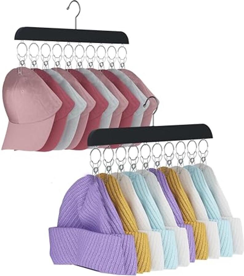 Set van 2 hoedenhangers voor kast houten hoedenrek met 10 metalen clips voor ruimtebesparing en organisatie van hoeden