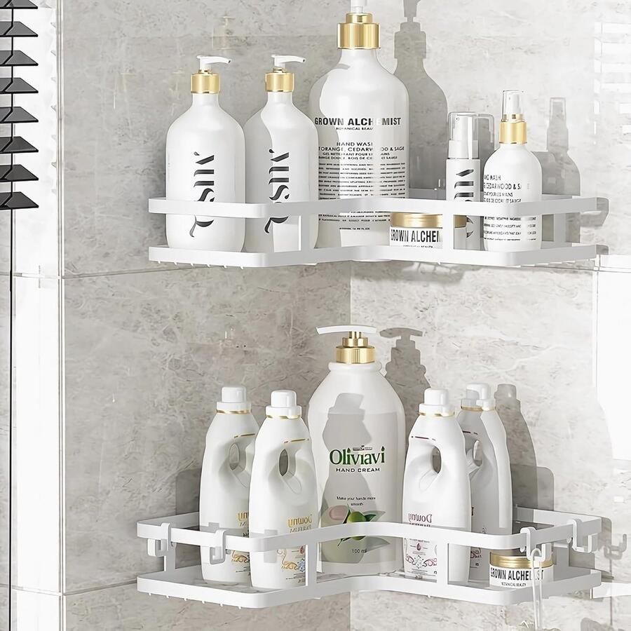 Set van 2 Hoekdouchecaddy's Zelfklevende Wandplanken voor Badkameropslag met Haken Roestvrij Staal