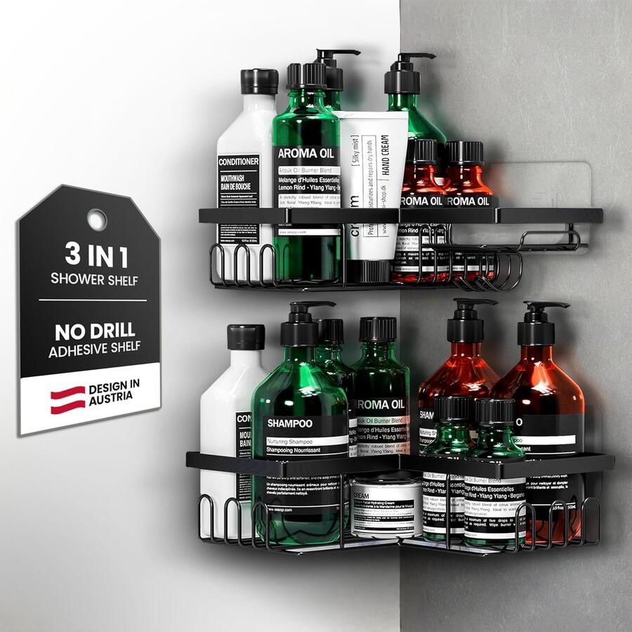 Set van 2 Hoekplanken Badkamer – RVS – Wandrek Zonder Boren – Inclusief 2 Zelfklevende Handdoekhaken – Zwart