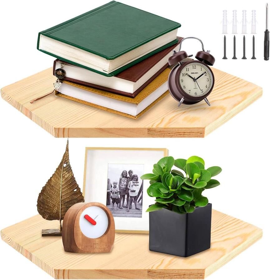 Set van 2 Hoekplanken Hangende 22 cm Brede Houten Wandplank met Draadgat Bruin Zware Belastbaarheid Drijvende Planken Decoratieve Wandplank Diamantvorm voor Keuken Slaapkamer Woonkamer