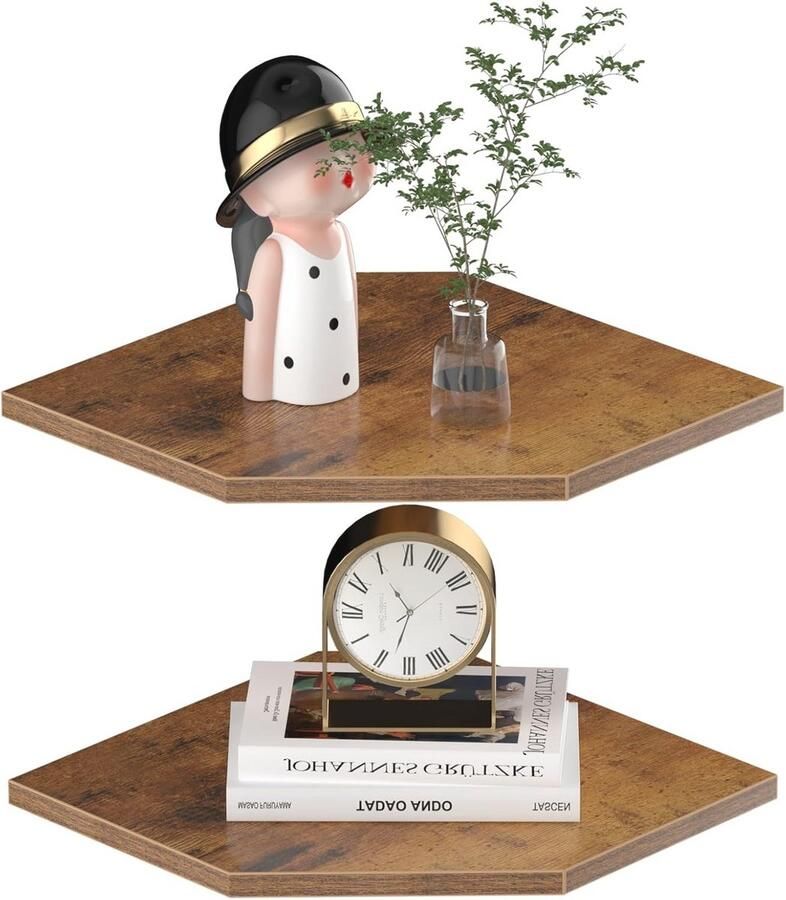 PEAM Hoekplank Set Van 2 Zwevende Wandplanken Met Draadgat Industrieel Design Planken Voor Bewakingscamera & Radio Woondecoratie 42 4 cm Roestbruin