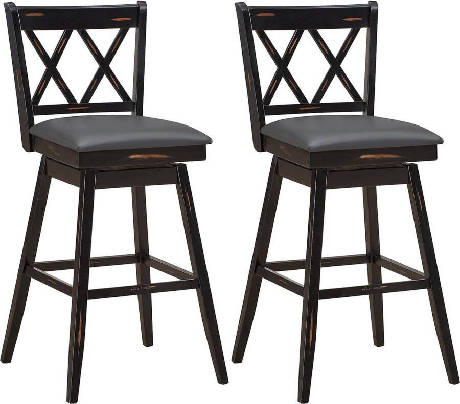 Set van 2 houten barkrukken barstoel met draaibare zitting bistrokruk met voetensteun gewatteerde draaikruk met rugleuning hoge kruk voor restaurant keuken café (zwart)