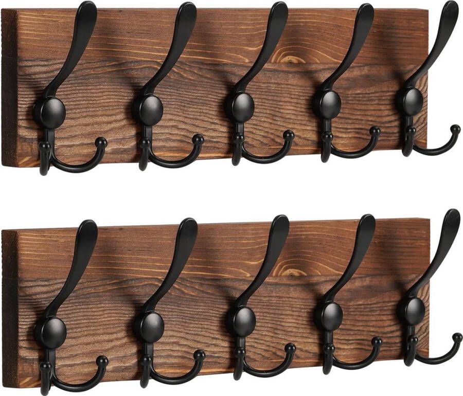 Set van 2 houten kapstokken muurhaken 15 haken kapstok multifunctionele wandkapstok voor badkamer slaapkamer keuken bruin