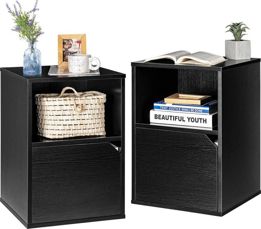 Set van 2 houten nachtkastjes bijzettafeltjes met open rek en deurkast 3 niveaus koffietafel voor woonkamer slaapkamer werkkamer kantoor (zwart)