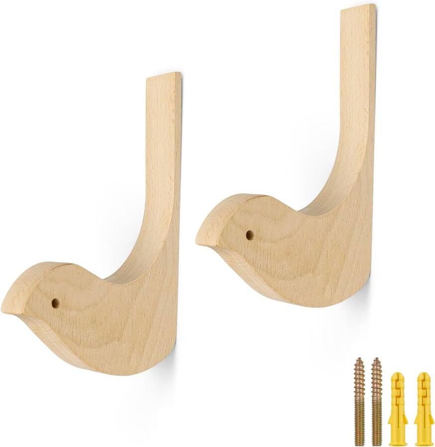 Set van 2 Houten Vogel Kapstokhaken 155 mm Wanddecoratie Haken voor Jas Geschikt voor Woonkamer Slaapkamer Badkamer Garderobe