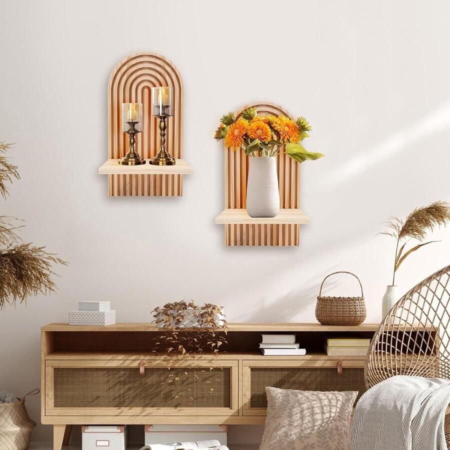 Set van 2 houten wandplanken boho wanddecoratie geschikt voor elke kamer 2 stuks ruwe houtkleur hout