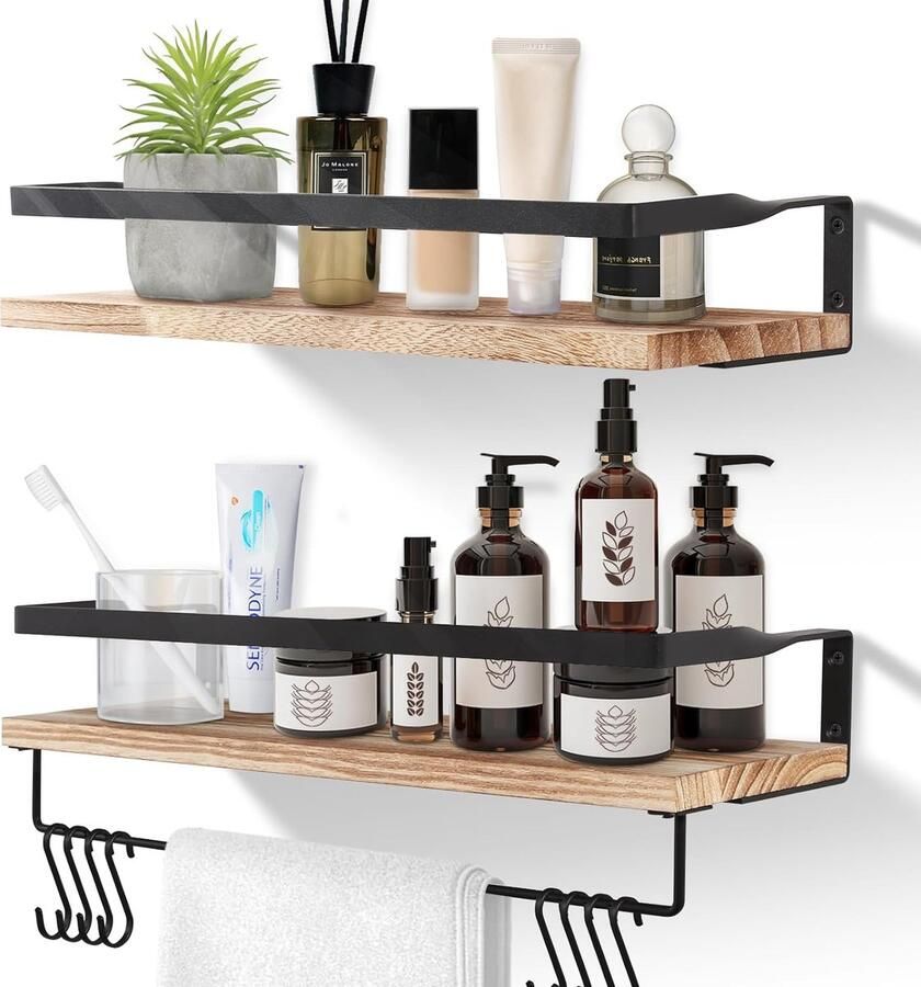 Set van 2 houten wandplanken modern design met handdoekhouder en haken rustiek voor keuken badkamer woonkamer kantoor 42 x 15 x 7 5 cm lichtbruin 1