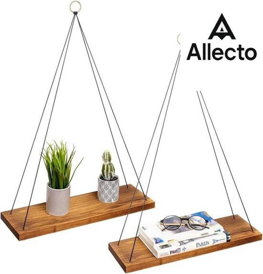 Set van 2 houten zwevende planken met koord hangrekken met touw + 3 kleurrijke metalen ringen rustieke hangende wandplanken zwevende planken woonkamer slaapkamer en andere wanddecoratie