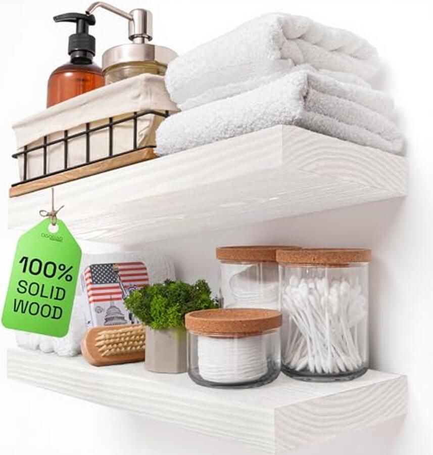 Set van 2 Houten Zwevende Planken Rustieke Wandplanken voor Woonkamer Slaapkamer Keuken en Badkamer 40 6 cm Witte Kleur