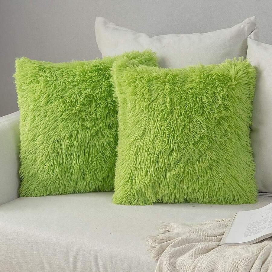 Set van 2 imitatiebont kussenslopen pluizig zacht decoratieve vierkante kussenhoezen pluche hoezen kunstbont woonkamer bank slaapkamer 50 x 50 cm groen