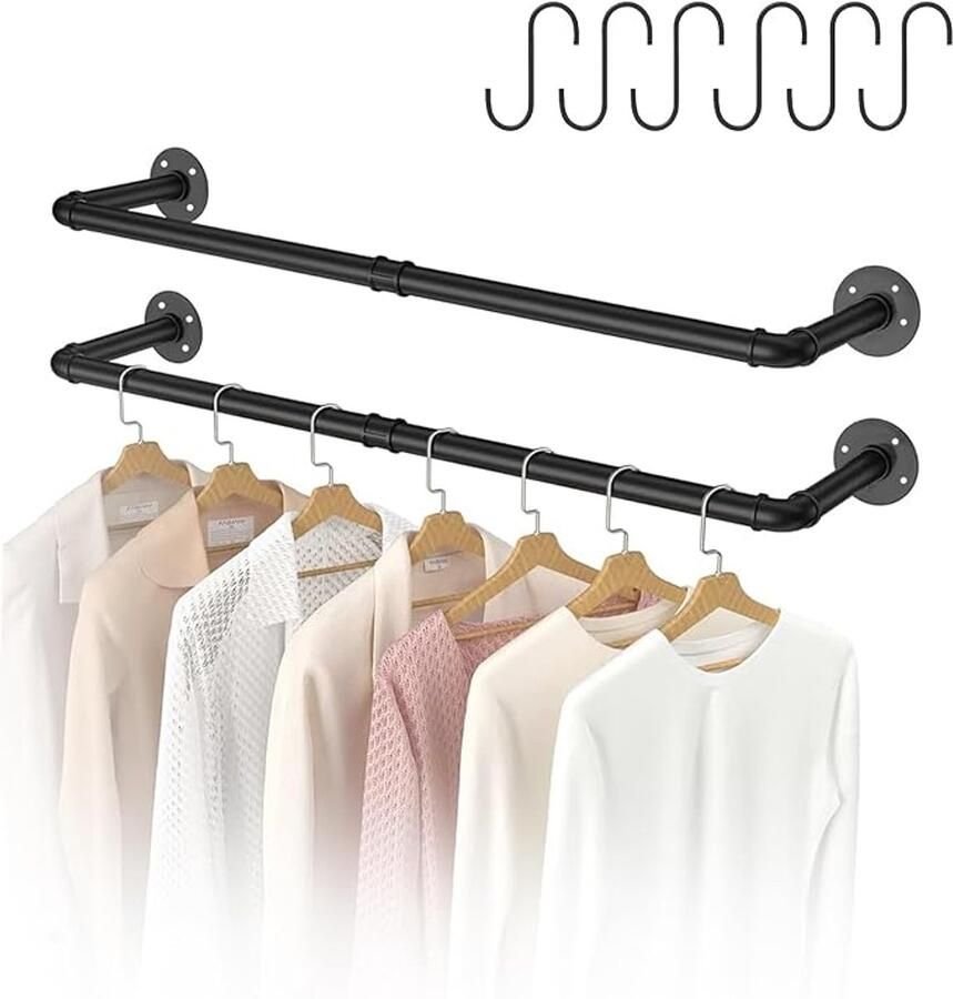 Set van 2 industriële buizen kledingstangen wandmontage afneembare retro metalen kledingstang voor het ophangen van kleding kledingrek voor de muur ruimtebesparend wandrek keukenrek 2
